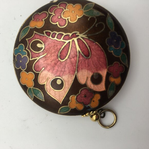 Cloisonne Butterfly Pendant Necklace Black Pink Enamel Puff Double Sided Flowers - Picture 8 of 14